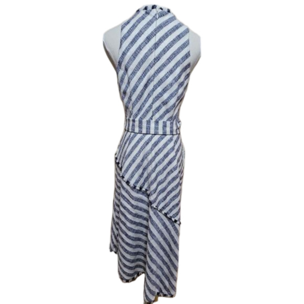 Banana Republic Tweed Tassle Asymmetrical Hem Belted Blue/Cream Stripe Dress 2 - Picture 5 of 7